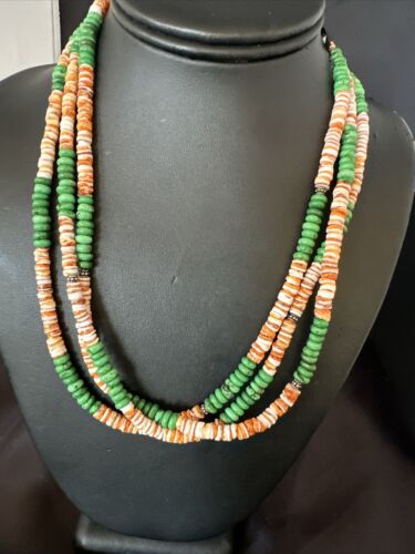 Navajo Green Turquoise Spiny Oyster Necklace | Sterling Silver | Authentic Native American Handmade | 17534