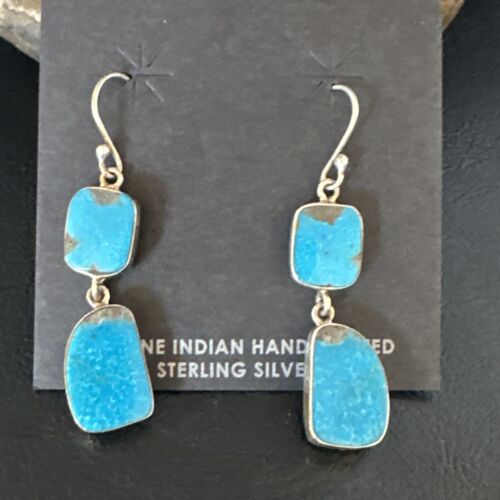 Navajo Blue Kingman Turquoise Dangle Earrings | Sterling Silver | Authentic Native American Handmade | 15111