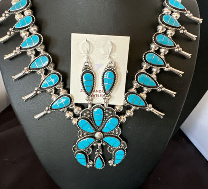 Zuni Kingman Turquoise Inlay Squash Blossom Necklace & Earrings | Sterling Silver | 16544