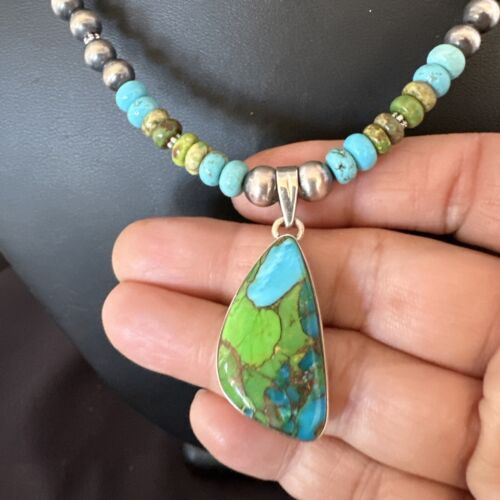 Navajo Blue Green Mojave Turquoise Pendant | Sterling Silver Pearl Necklace | Authentic Native American Handmade | 16921
