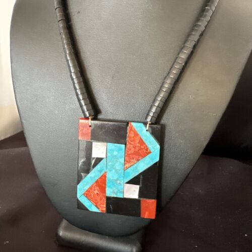 Navajo Blue Turquoise Black Onyx Necklace | Sterling Silver | 21" | Authentic Native American Handmade | 15766