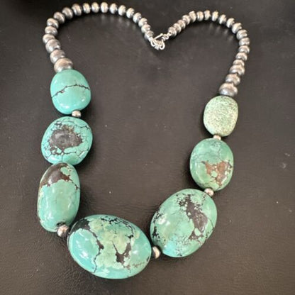 Navajo Blue Turquoise Chunky Pearls Necklace | Sterling Silver | 20" | Authentic Native American Handmade | 17496