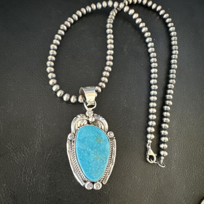 Navajo Kingman Turquoise Pendant Necklace | Sterling Silver Pearls | Authentic Native American Handmade | 15210