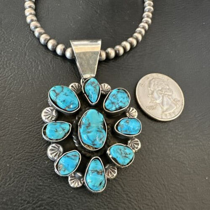 Navajo Blue Kingman Turquoise Cluster Pendant | Sterling Silver | 2" | Authentic Native American Handmade | 17418