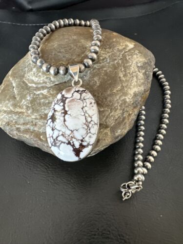 Navajo Wild Horse Turquoise Pendant Necklace | Sterling Silver Pearls | Authentic Native American Handmade | 15716