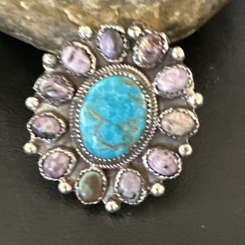 Navajo Cluster Blue Kingman Turquoise Charoite Ring | Authentic Native American Sterling Silver | Multi-Stone | Sz 9.5 | 17178