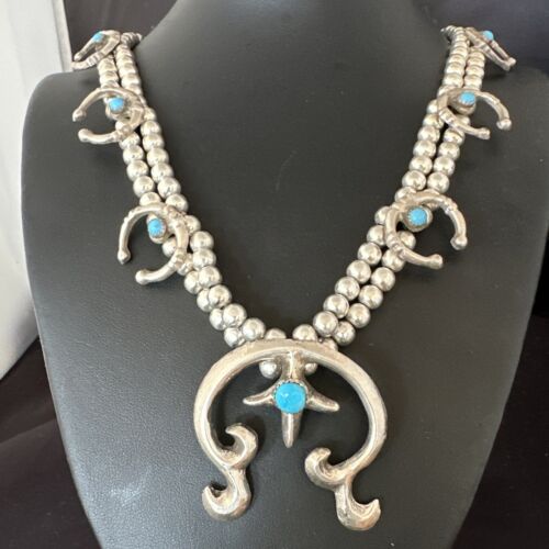 Navajo Blue Turquoise Naja Pendant Squash Blossom Necklace | Sterling Silver | Authentic Native American Handmade | 16172