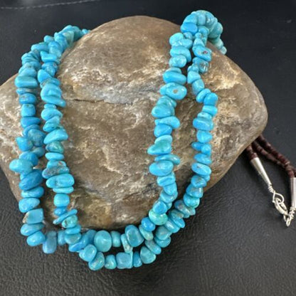 Navajo Blue Kingman Nugget Turquoise Necklace | 2 Strand | Sterling Silver | 20" | 15341