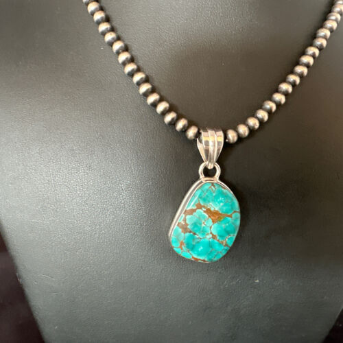 Navajo Blue Spiderweb Turquoise Pendant Necklace | Sterling Silver | Native American Handmade | 15572