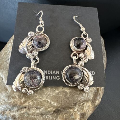 Navajo Purple Sugilite Dangle Earrings | Sterling Silver | 2" | Authentic Native American Handmade | 15694
