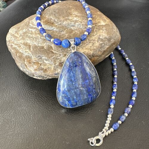 Navajo Blue Denim Lapis Pendant with Pearls | Sterling Silver Necklace | 22" | Authentic Native American Handmade | 16578