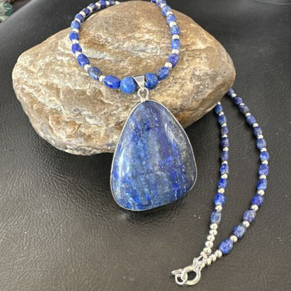 Navajo Blue Denim Lapis Pendant with Pearls | Sterling Silver Necklace | 22" | Authentic Native American Handmade | 16578