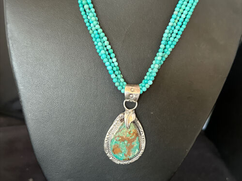 Blue Turquoise Pendant | Navajo Pearls | Sterling Silver Bead Necklace 17" | Multi-Strand | 15994