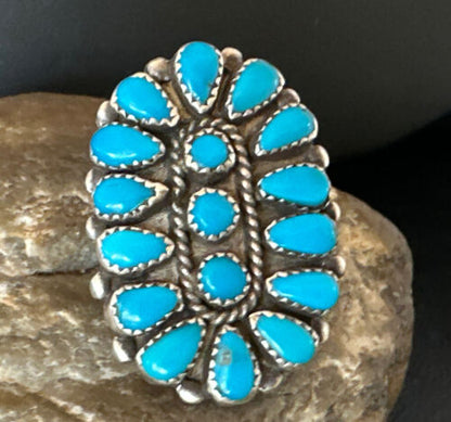 Navajo Blue Turquoise Cluster Ring | Authentic Native American Sterling Silver | Multi-Stone | Sz 10 | 16327