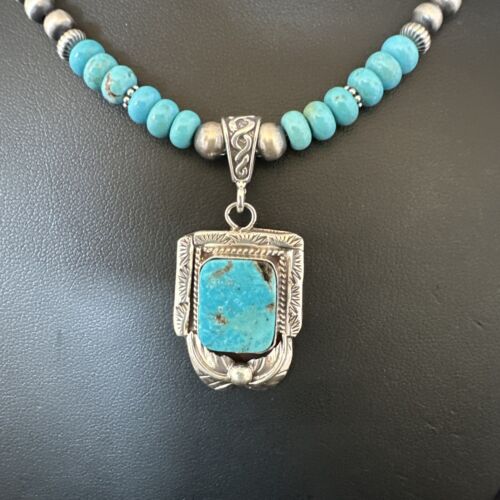 Navajo Blue Turquoise Pendant Necklace | Sterling Silver Pearls | Authentic Native American Handmade | 15420