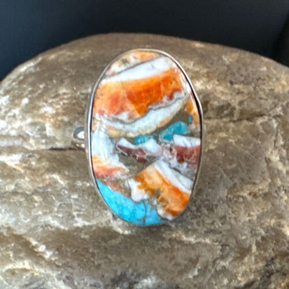 Navajo Turquoise Spiny Oyster Ring | Sterling Silver | Sz 8 | Authentic Native American Handmade | 16614