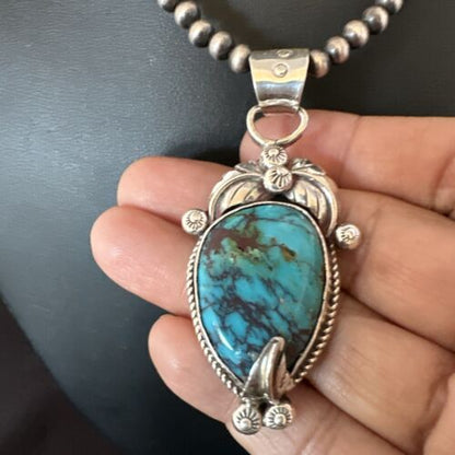 Navajo Blue Turquoise Pendant Necklace | Sterling Silver Pearls | Authentic Native American Handmade | 15647