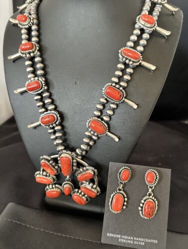 Navajo Red Coral Naja Pendant | Sterling Silver Squash Blossom Necklace & Earrings | 17047
