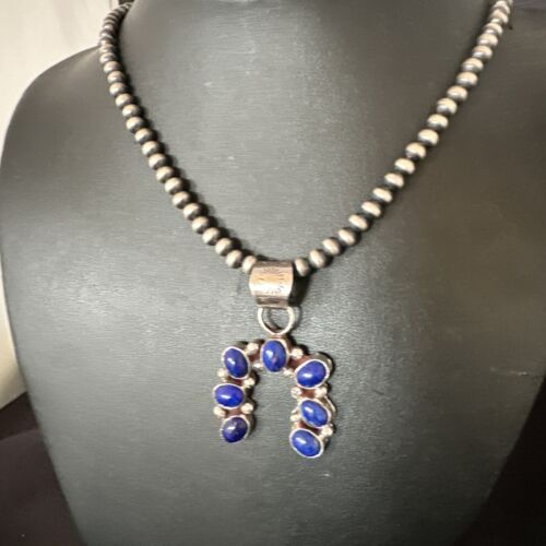 Navajo Horseshoe Naja Blue Lapis Pendant Necklace | Sterling Silver | Authentic Native American Handmade | 15752