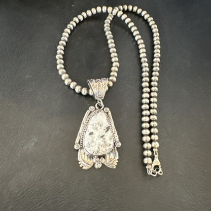 Navajo White Buffalo Turquoise Pendant Necklace | Sterling Silver | Authentic Native American Handmade | 17520