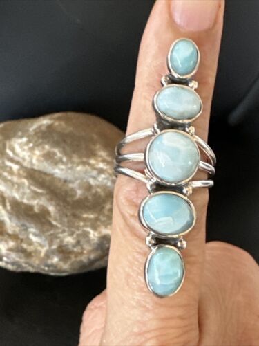 Navajo Blue Larimar Cluster Ring | Authentic Native American Sterling Silver | Multi-Stone | Sz 6.5 | 16161