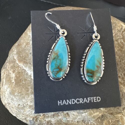 Navajo Blue Turquoise Dangle Earrings | Sterling Silver | Authentic Native American Handmade | 16505