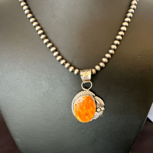 Navajo Orange Spiny Oyster Pendant Necklace | Sterling Silver Pearls | Authentic Native American Handmade | 16557
