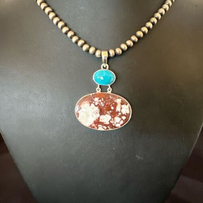 Navajo Wild Horse | Blue Kingman Turquoise Necklace | Sterling Silver | Authentic Native American Handmade | 17305