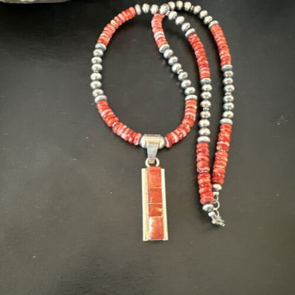 Navajo Red Spiny Oyster Pendant Necklace | Sterling Silver Inlay | Authentic Native American Handmade | 16883