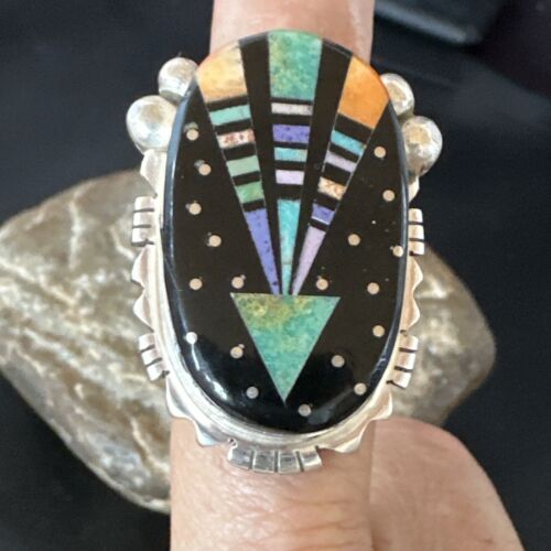 Navajo Green Turquoise Spiny Oyster Inlay Ring | Sterling Silver | Sz 7.5 | 16333
