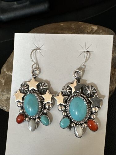 Navajo Coral Mother of Pearl Turquoise Sterling Silver Earrings | July Fourth | Handmade 15330