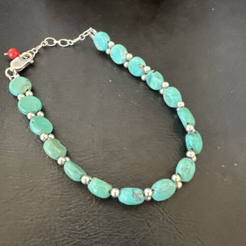 Navajo Blue Turquoise Bead Bracelet | Sterling Silver Link | 8" | Authentic Native American Jewelry | 17235