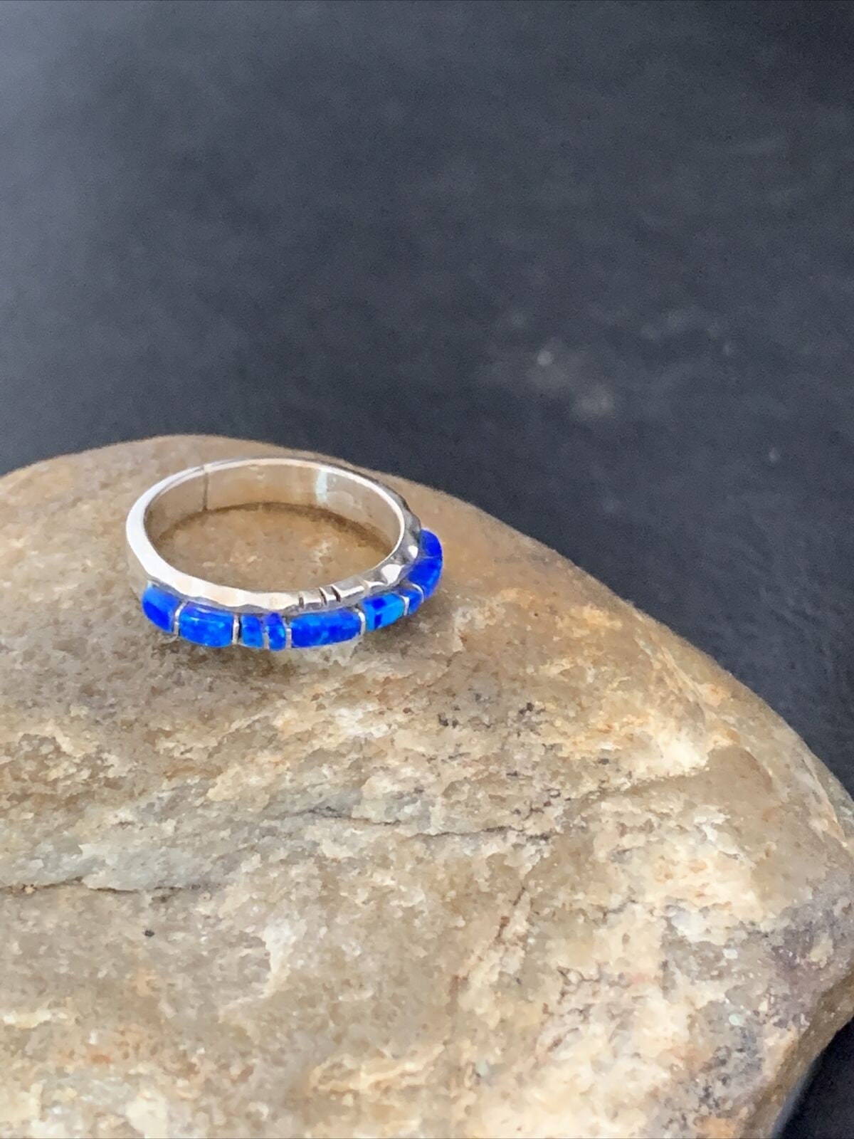 Native American Navajo Blue Opal Inlay Ring | Sterling Silver | Sz 7.5 | Handmade by Yazzie | 10621