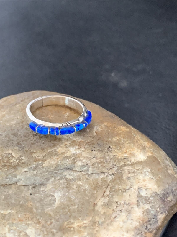 Native American Navajo Blue Opal Inlay Ring | Sterling Silver | Sz 7.5 | Handmade by Yazzie | 10621