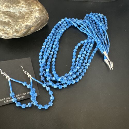 Navajo Blue Denim Lapis Necklace Earrings Set | 5-Strand Sterling Silver | Authentic Native American Handmade | 15772