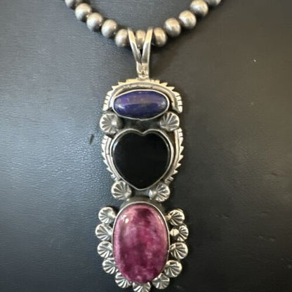 Navajo Black Onyx Purple Spiny 3-Stone Cluster Pendant | Sterling Silver | Authentic Native American Handmade | 17635