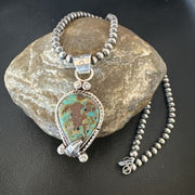 Navajo Blue Turquoise Pendant Necklace | Sterling Silver Pearls | Authentic Native American Handmade | 15654