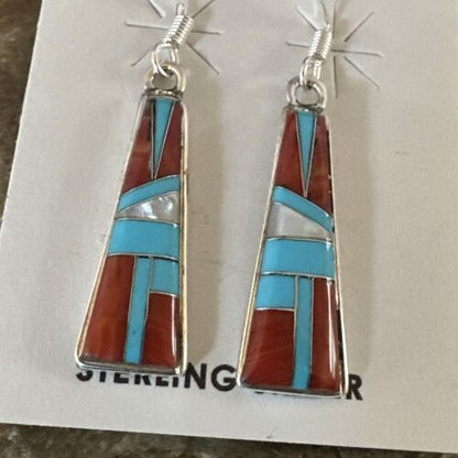 Navajo Blue Turquoise Red Coral Inlay Earrings | Sterling Silver | 1" | Authentic Native American Handmade | 15701