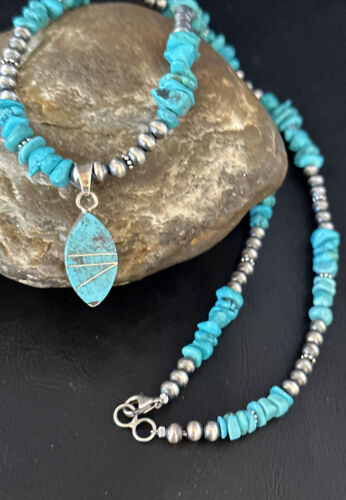Navajo Kingman Turquoise Pendant Necklace | Sterling Silver | 22" | Authentic Native American Handmade | 14835