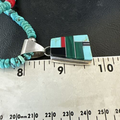 Navajo Turquoise Lapis Inlay Pendant Necklace | Sterling Silver | 20" | Authentic Native American Handmade | 17508