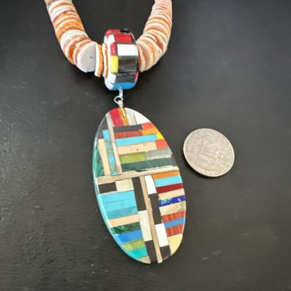 Santo Domingo Multi-Color Spiny Inlay Pendant Necklace | Sterling Silver | 32" | 16855