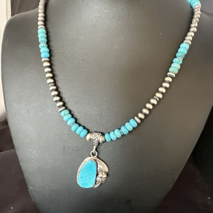 Navajo Blue Turquoise Pendant with Pearls | Sterling Silver Necklace | Authentic Native American Handmade | 15418