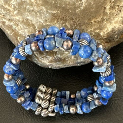 Navajo Lapis Silver Stainless Steel Memory Wire Bracelet | 6mm Beads | 6" | 17616