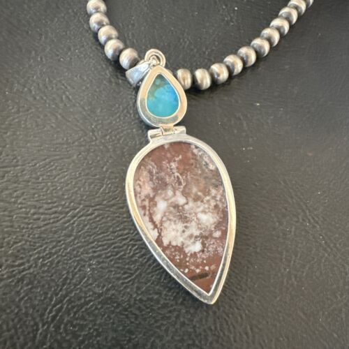 Navajo Wild Horse | Blue Kingman Turquoise Necklace | Sterling Silver | Authentic Native American Handmade | 17311