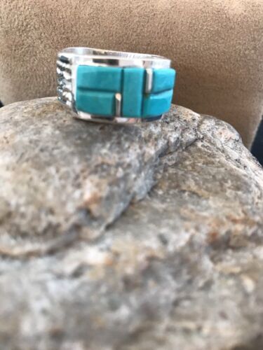 Navajo Turquoise Inlay Thumb Ring | Sterling Silver | Sz 14 | Authentic Native American Handmade | 03843