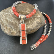 Navajo Pearls Sterling Silver Necklace with Lapis and Red Spiny Oyster Inlay Pendant | 17119