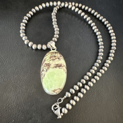 Navajo Green Gaspeite Pendant Necklace | Sterling Silver | Authentic Native American Handmade | 15481