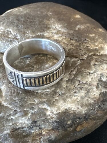 Navajo Men's Wedding Band | Stamped 14K Gold Sterling Silver Ring | Sz 9.5 | Authentic Native American Handmade | 15461