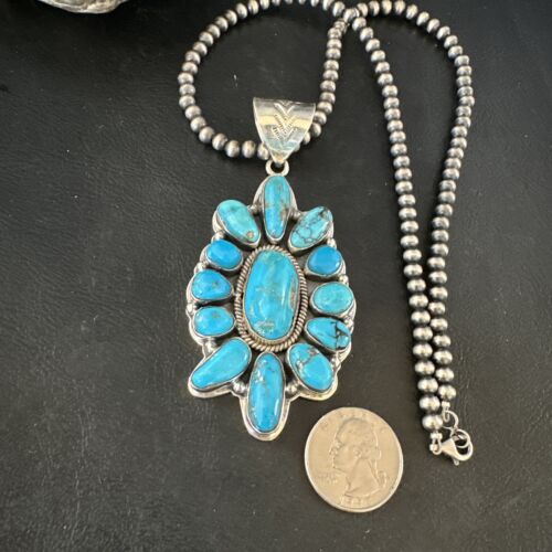 Navajo Blue Kingman Turquoise Cluster Pendant | Sterling Silver | Authentic Native American Handmade | 15447