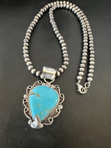 Navajo Blue Turquoise Pendant Necklace | Sterling Silver Pearls | Authentic Native American Handmade | 15638